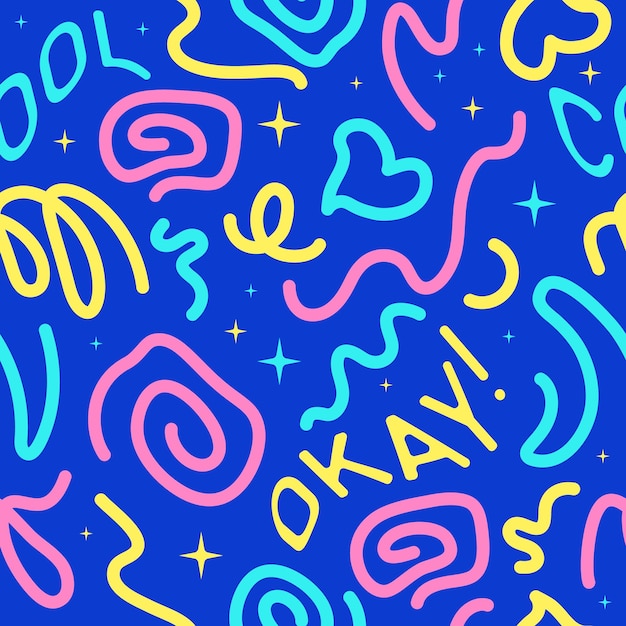 Seamless pattern of bright neon doodle lines Psychedelic background in the style of the 90s