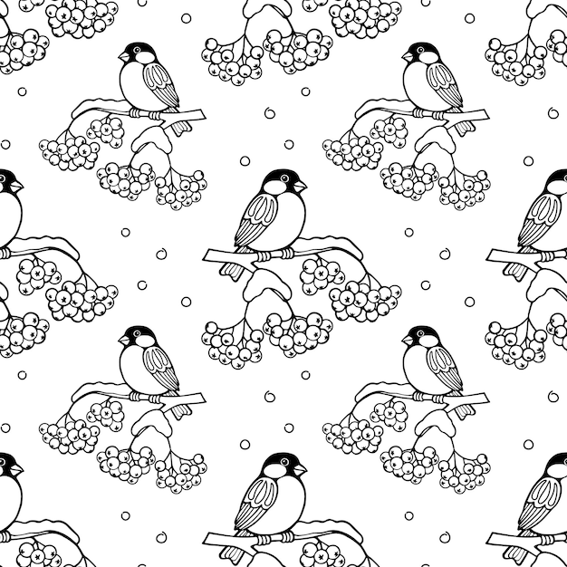 Seamless pattern, bullfinch bird on a snow-covered rowan branch. Black and white drawing, textile