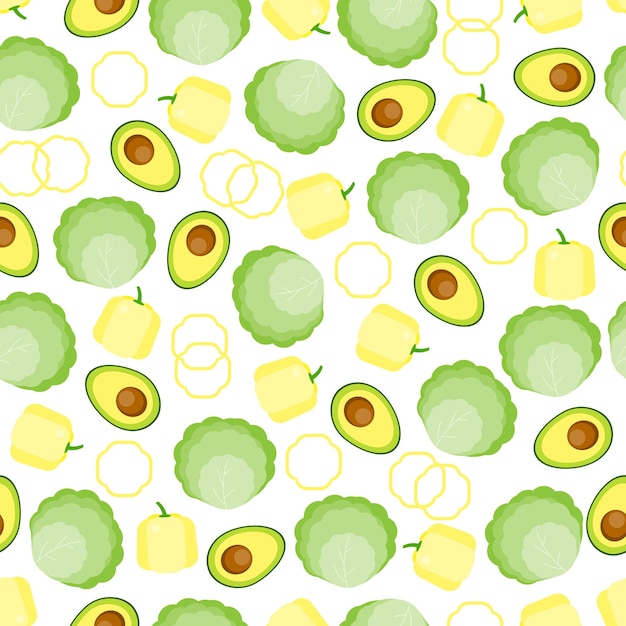 Seamless pattern of cabbage pepper avocado on white background