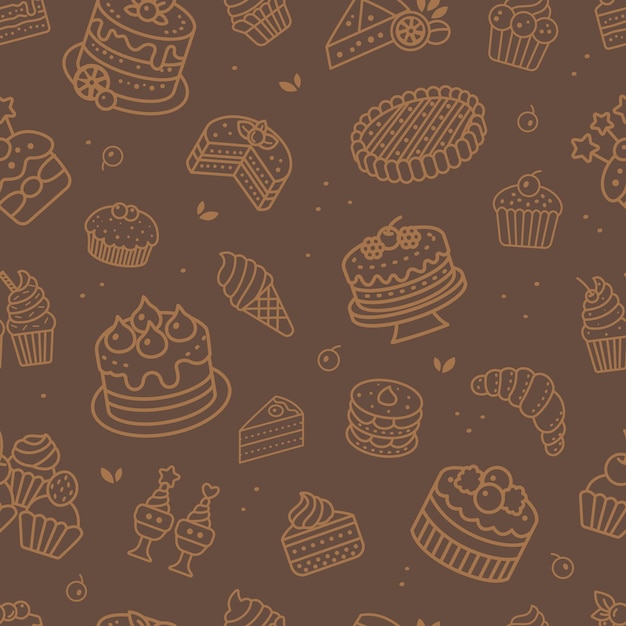 Seamless pattern of cakes and pastries on brown background vector illustration