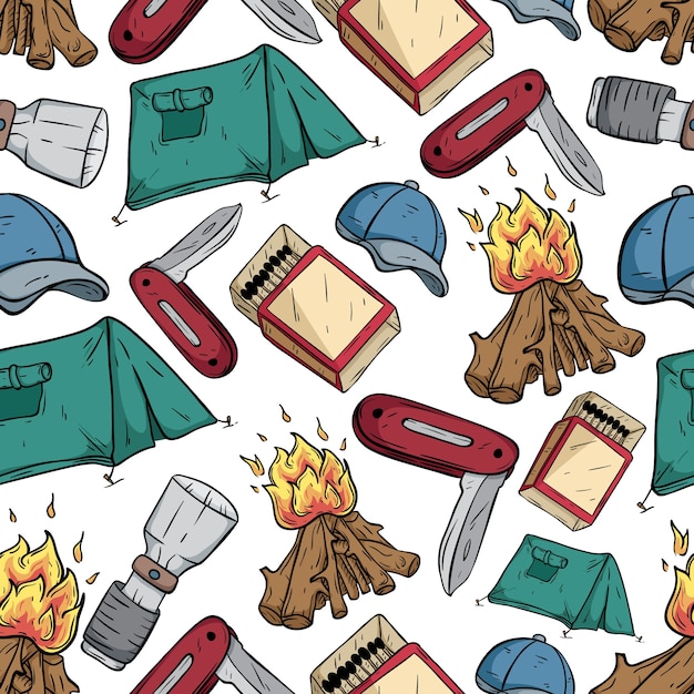 seamless pattern of camping icons with doodle or hand drawn style