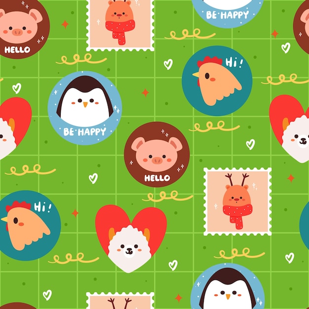 seamless pattern cartoon animal stamps