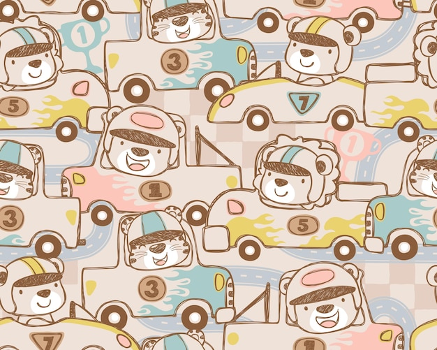 Seamless pattern of cartoon car racing with animals racer