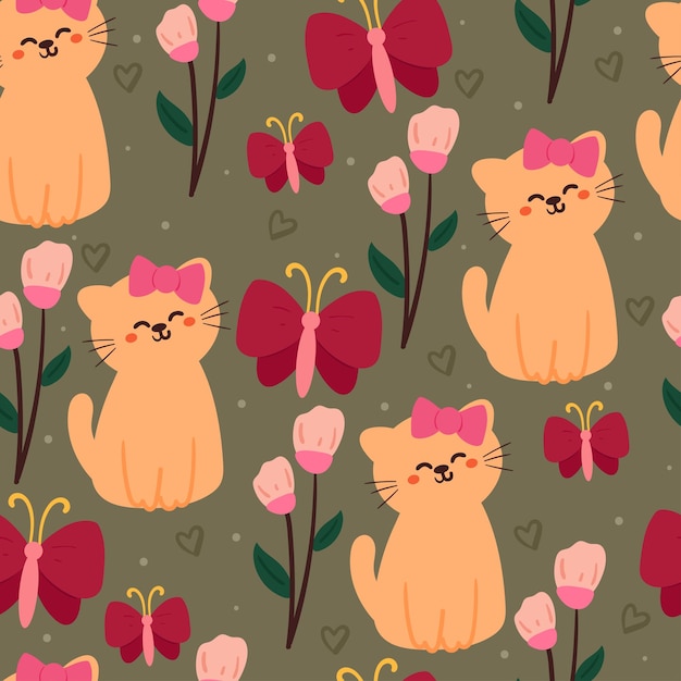 seamless pattern cartoon cat with flowers and butterfly