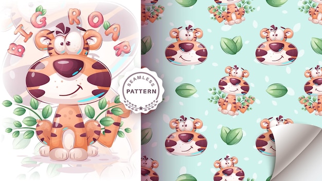 Seamless pattern cartoon character adorable tiger