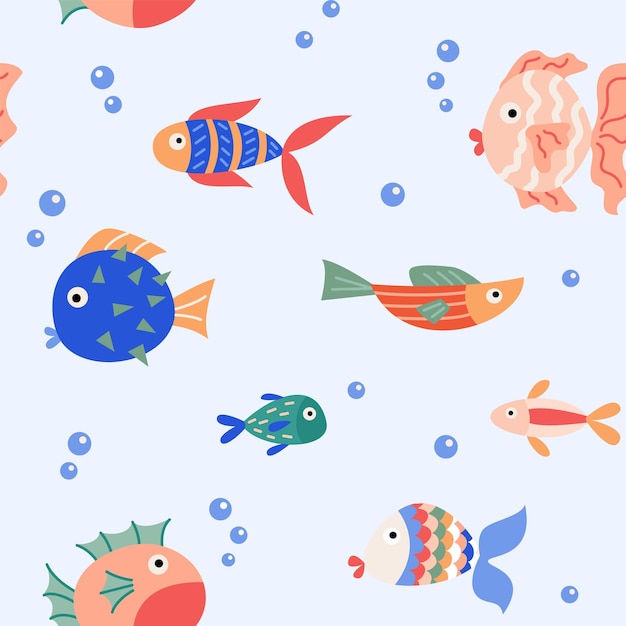 Seamless pattern cartoon colorful cute fish on a blue background in a flat style