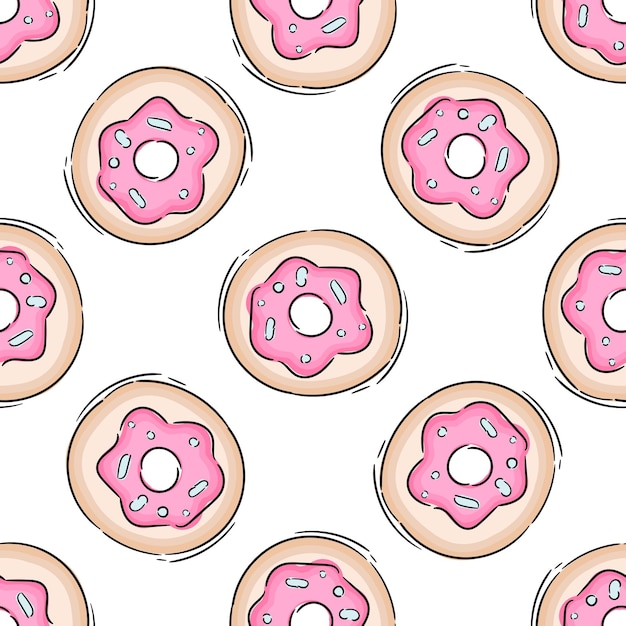 Seamless pattern cartoon colorful donuts isolated on white background Glazed doughnut top view Vector icon print