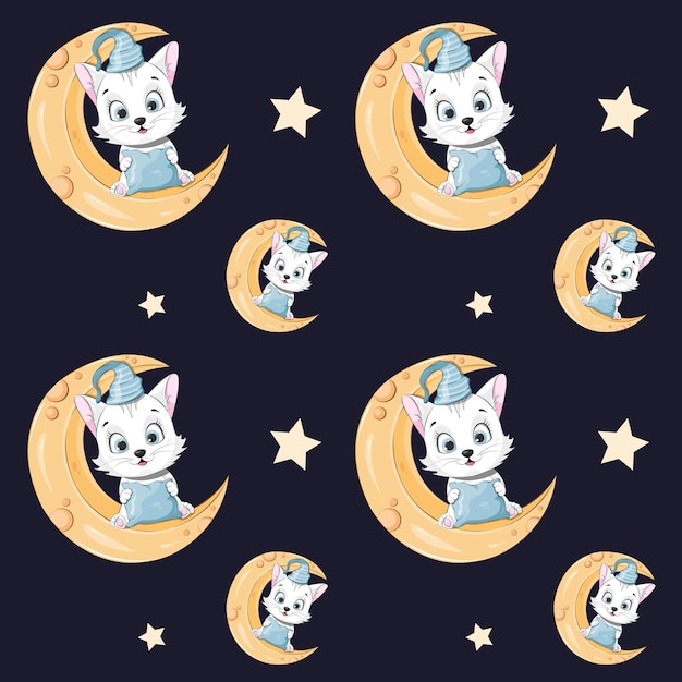 Seamless pattern Cartoon kitten sitting on the moon Time to sleep