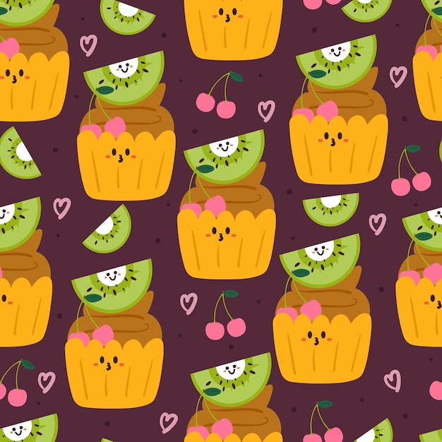 seamless pattern cartoon kiwi cupcake with cherry. cute fruit wallpaper for textile, gift wrap paper