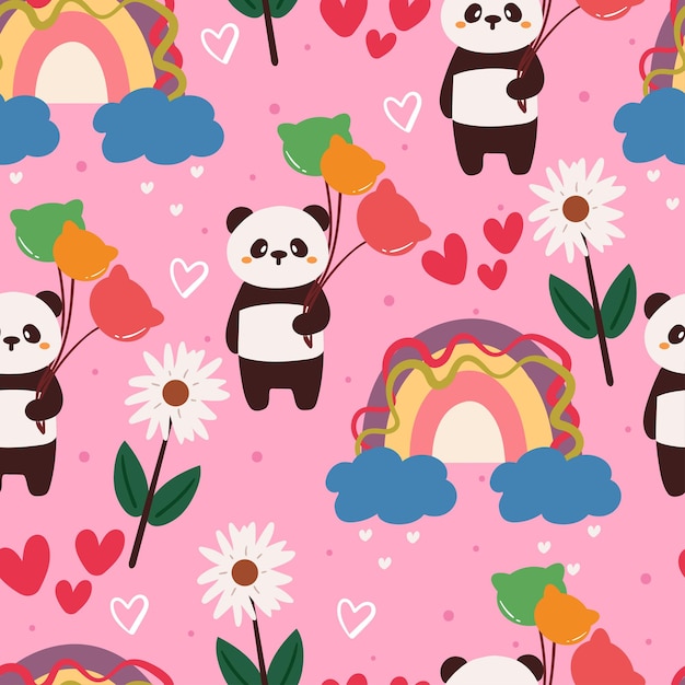 seamless pattern cartoon panda flower rainbow in in pink background cute wallpaper for textile