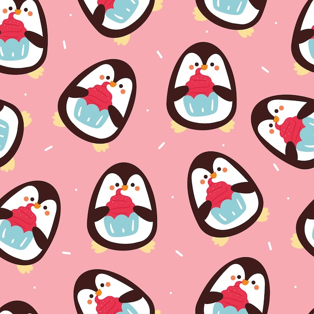 Vector seamless pattern cartoon penguin holding a cupcake cute animal wallpaper illustration