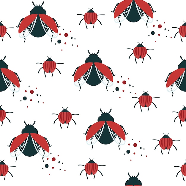 Seamless pattern of cartoon simple beetle collection colored insects flat vector illustration on white background