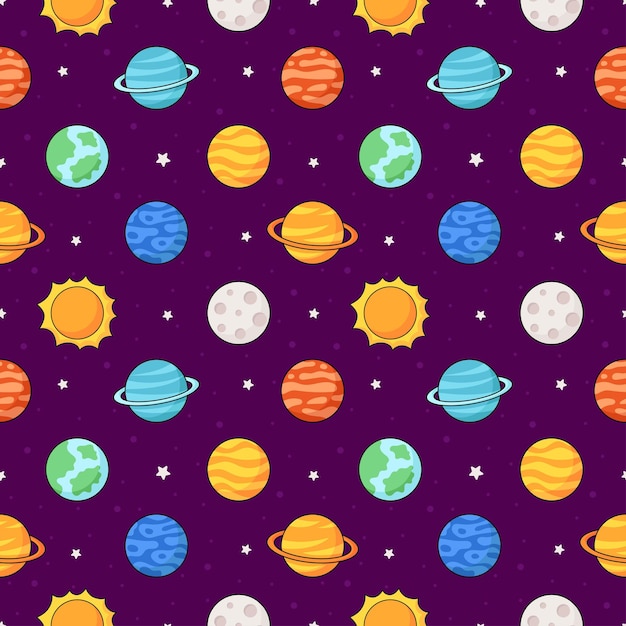 seamless pattern cartoon space planets isolated on purple background vector illustration