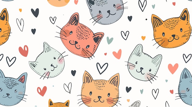 Seamless Pattern of Cat Heads and Hearts