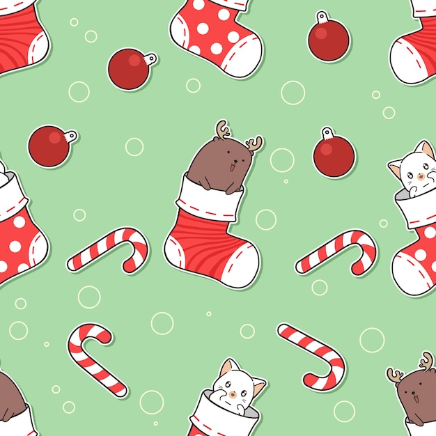 Seamless pattern cat and reindeer in sock cartoon