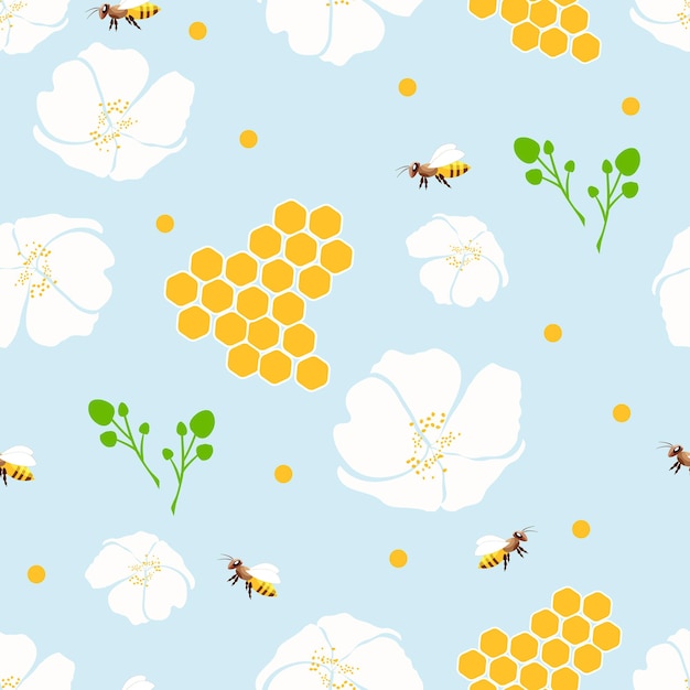 Seamless pattern of chamomile daisy with fly bee on a pink background