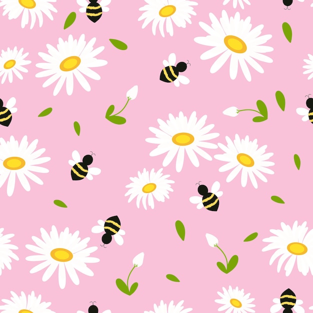 Seamless pattern of chamomile daisy with fly bee on a pink background