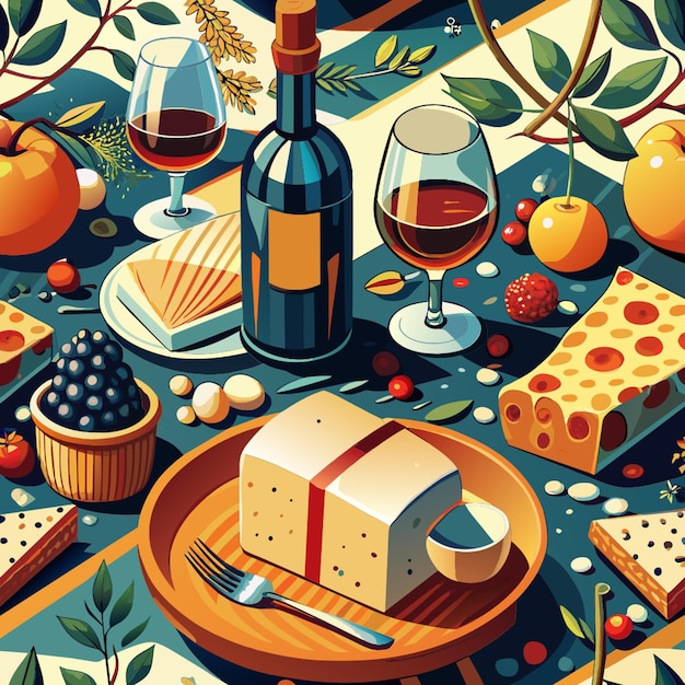 Vector seamless pattern cheese and wine monochromatic white background vector illustration flat 2