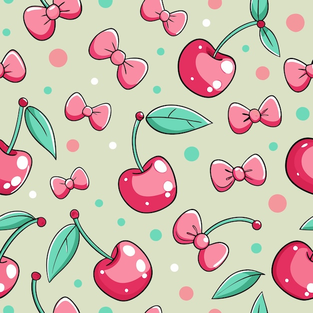 Seamless pattern of cherries and pink bows on a light green background