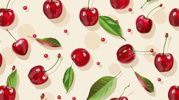 Vector a seamless pattern of cherries with green leaves and red berries