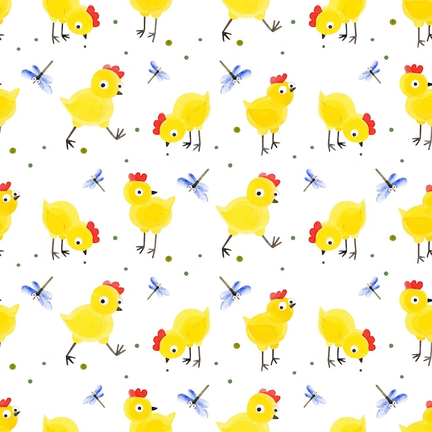 Seamless pattern of chickens and dragonflies