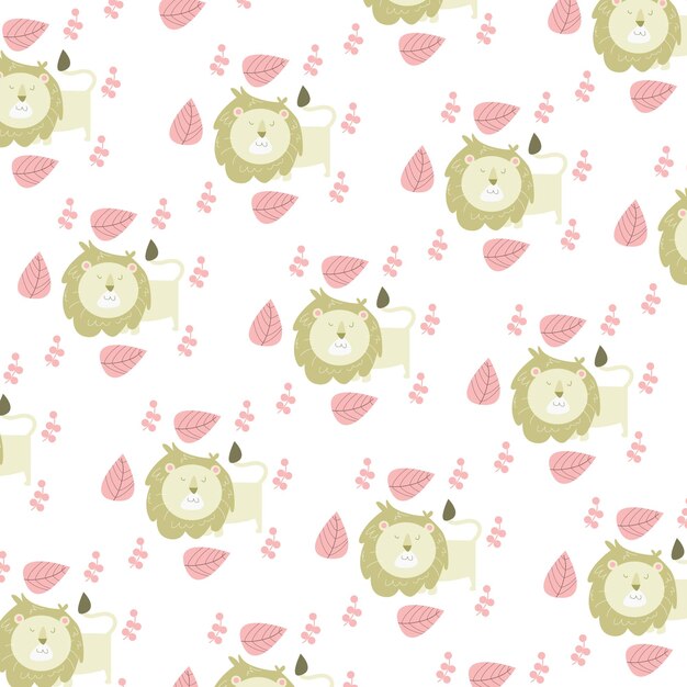 seamless pattern childish animal with cute lion vector flat style design background