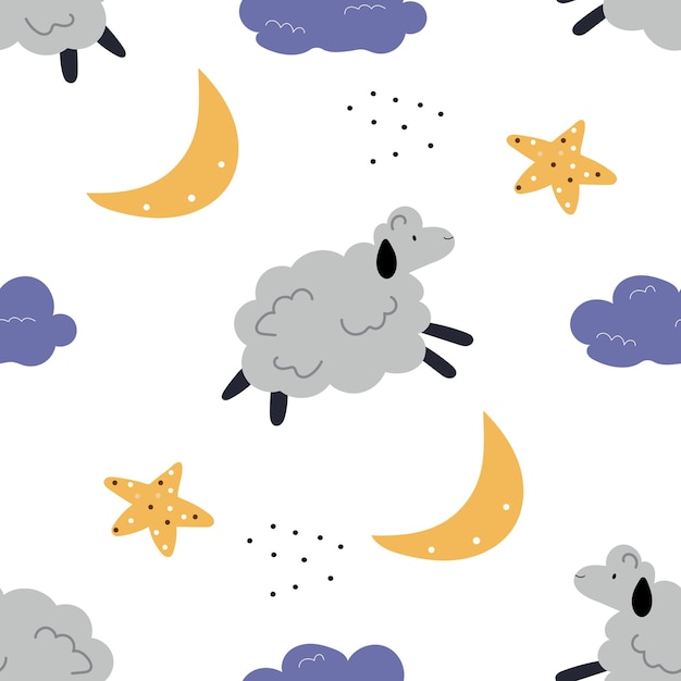 Seamless pattern for children's good night. Hand drawn sheeps, stars and clouds