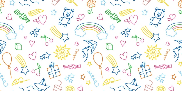 Seamless pattern of children039s elements Colorful funny doodle kids drawings Cartoon background