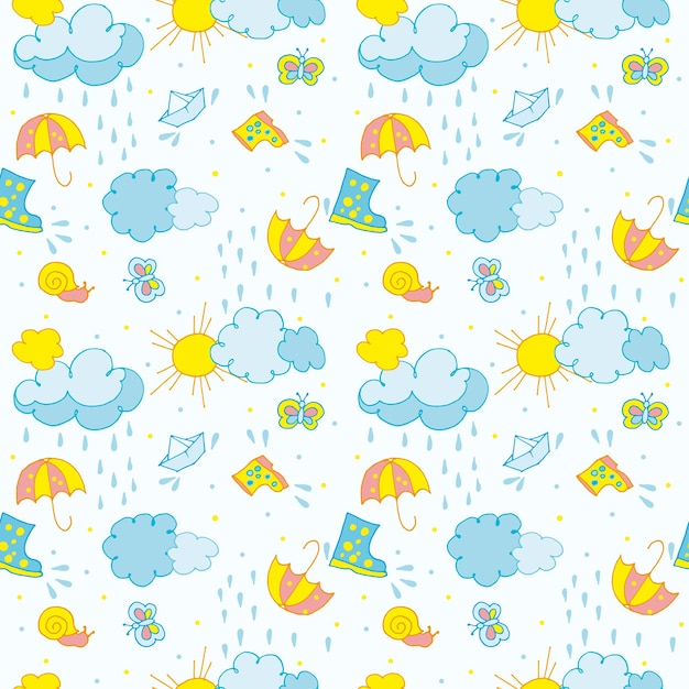 Seamless pattern on a childrens theme clouds with raindrops the sun and a boat