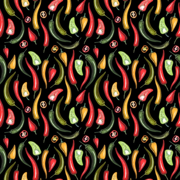 Seamless pattern of chili on a black background