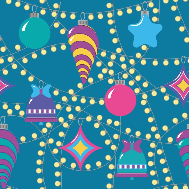 Seamless pattern of christmas garlands of light bulbs New Year toys