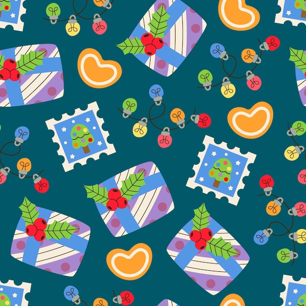 Seamless pattern of christmas gift, garlands, gingerbread cookie, posht mark. Happy New Year