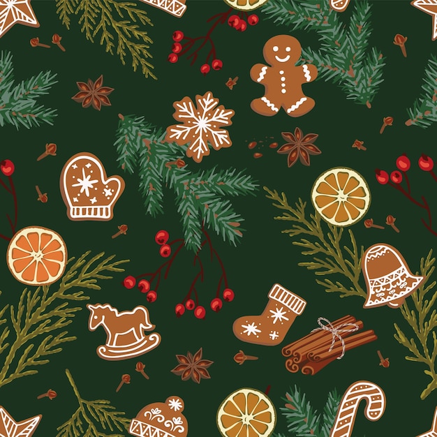 Seamless pattern Christmas illustration of gingerbread spices with ginger, cinnamon, star anise