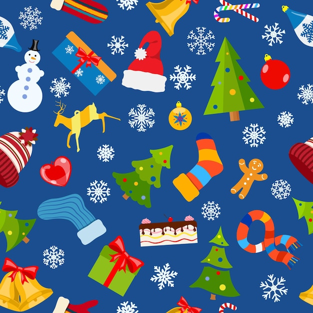 Seamless pattern of Christmas symbols and warm winter clothes in flat style on blue background