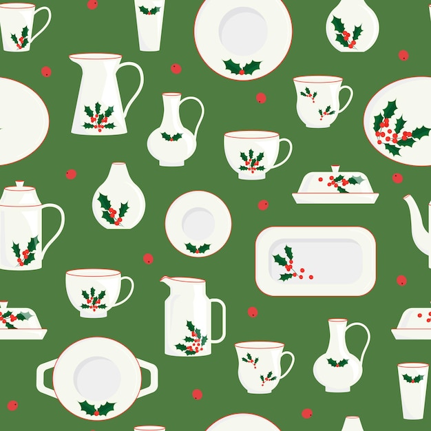 Seamless pattern of christmas tableware items Ceramic kitchen crockery decorated with mistletoe