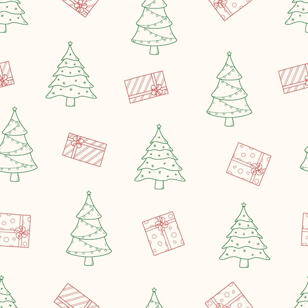 Seamless pattern Christmas tree and box gifts with a bow Background vector concept of winter and new year