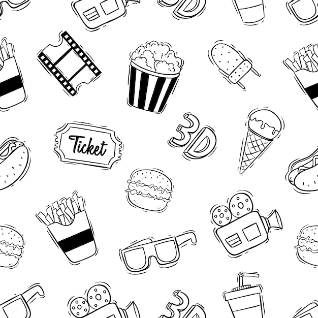 seamless pattern of cinema icons with doodle style