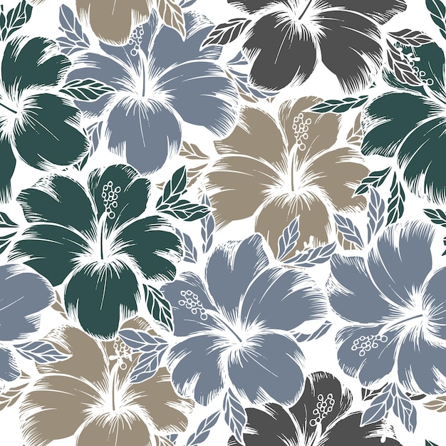 Seamless pattern, close-up of hibiscus flowers in beige and blue colors on a white background.