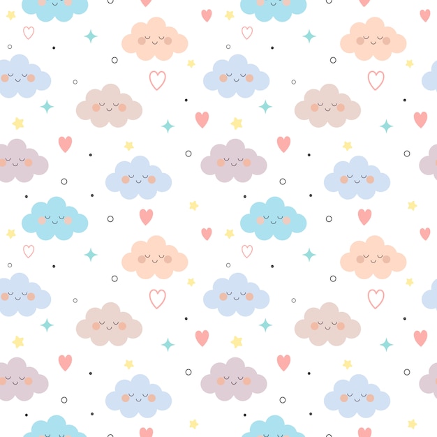 The seamless pattern of cloud and heart and star on the white background.