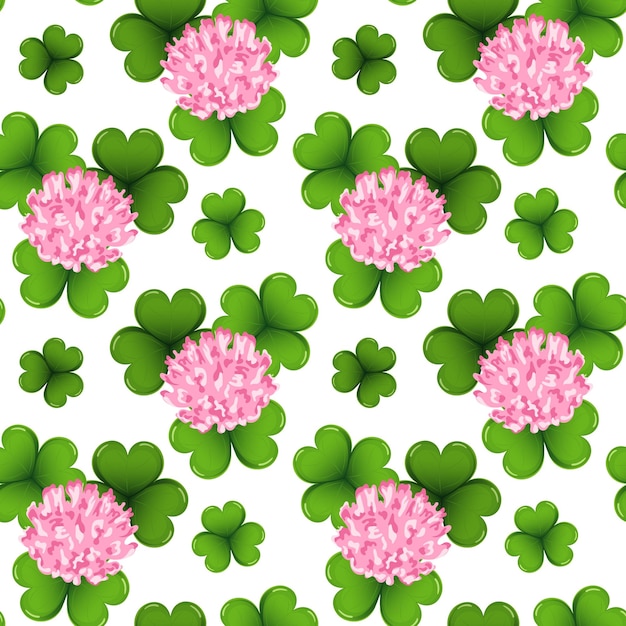 Seamless pattern, clover flowers with leaves, shamrock flowers. Floral background, textile, print