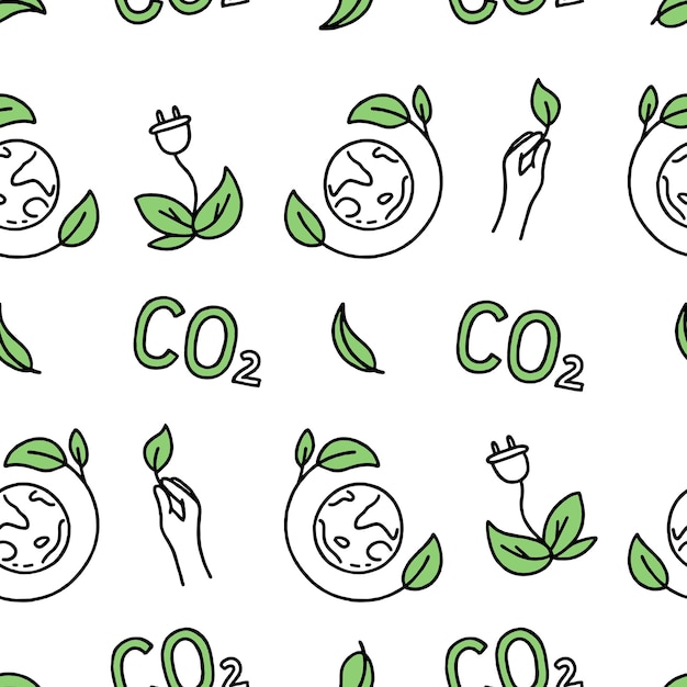 Seamless Pattern Co2 climate change concept green energy Vector isolated doodle