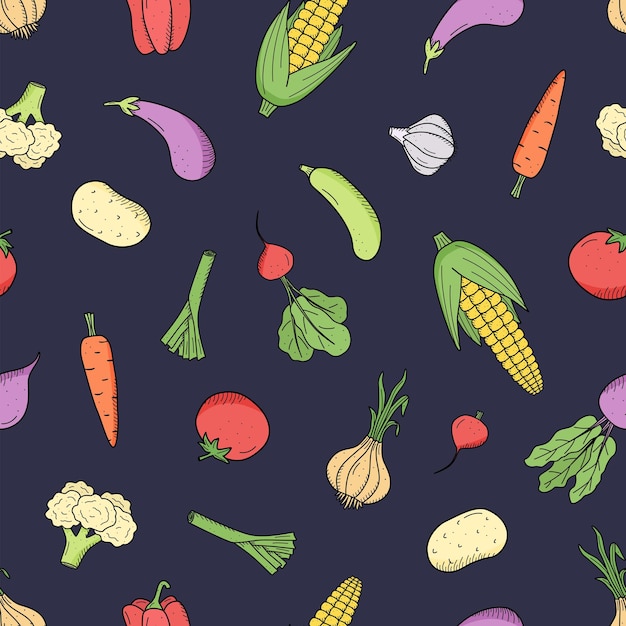 Seamless Pattern Collection of colored drawing vegetables in doodle style A set of vector illustrations of the harvest corn potatoes carrots radishes beets garlic onions tomatoes etc