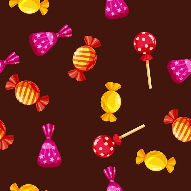 Seamless pattern of colored chocolates in a pack, caramel, chocolate.