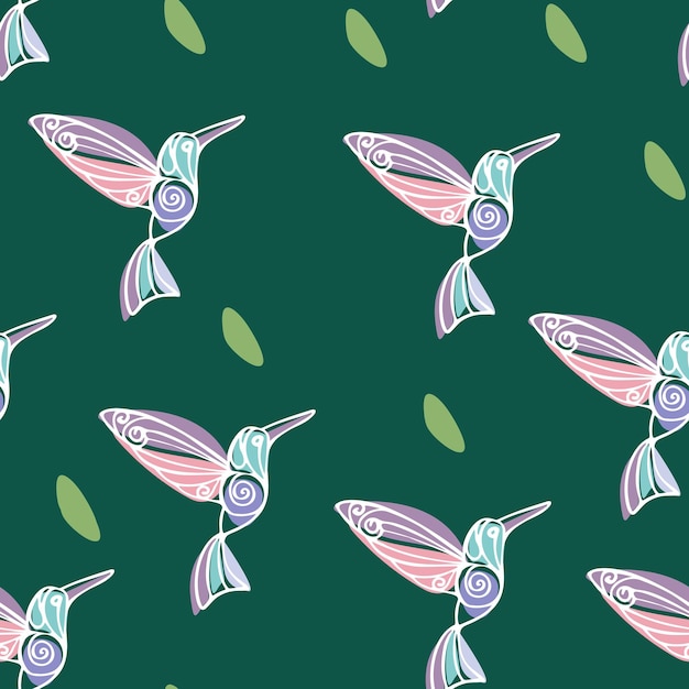 Seamless pattern of a colored hummingbird on a green background