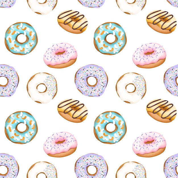 Seamless pattern of colored round glazed donuts