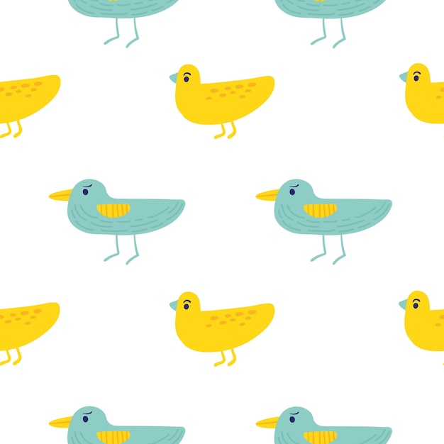 Seamless pattern of colorful birds. Blue and yellow cartoon birds. Baby pattern for textile