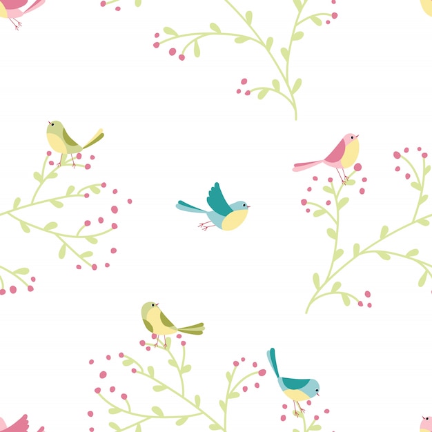  seamless pattern of colorful birds and plants in hand-drawn illustration in simple cartoon style in pastel colors