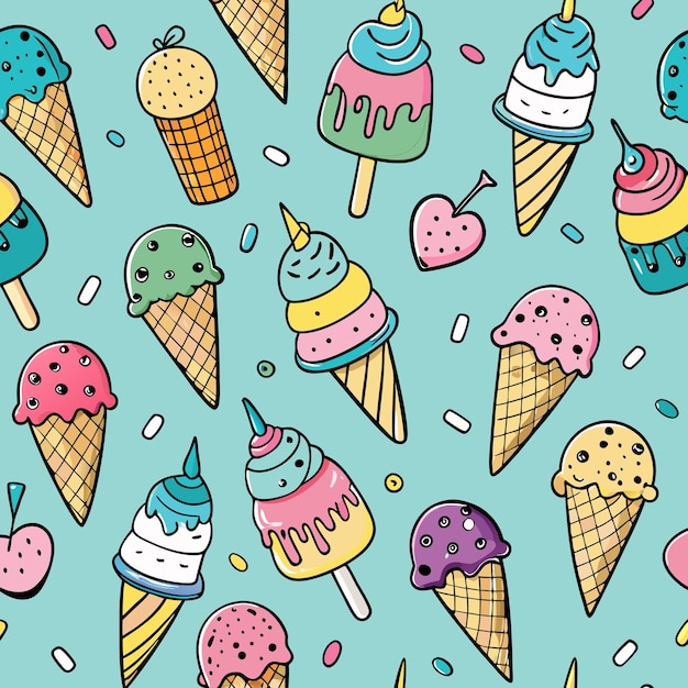 Vector seamless pattern of colorful cartoon ice cream cones and popsicles on a blue background