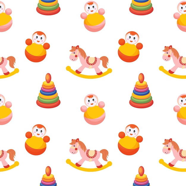 Seamless pattern of colorful children's toys Rocking horses pyramids and captive dolls