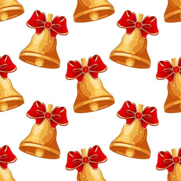 Seamless pattern, colorful christmas golden bells with red bow. Print, background, textile, vector